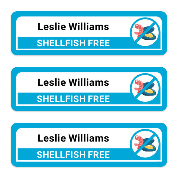 Care Home - Medium Personalised Stick On Waterproof (Equipment) Allergy Name Labels - Shellfish - Pack of 36