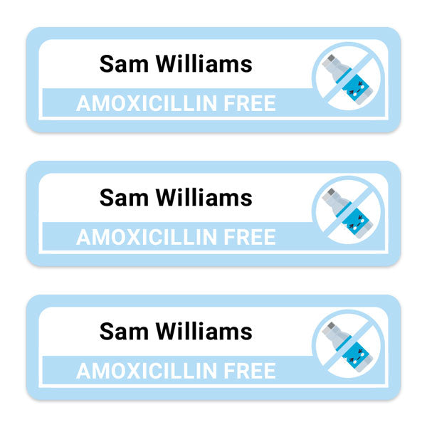 Medium Personalised Stick On Waterproof (Equipment) Allergy Name Labels - Amoxicillin - Pack of 36