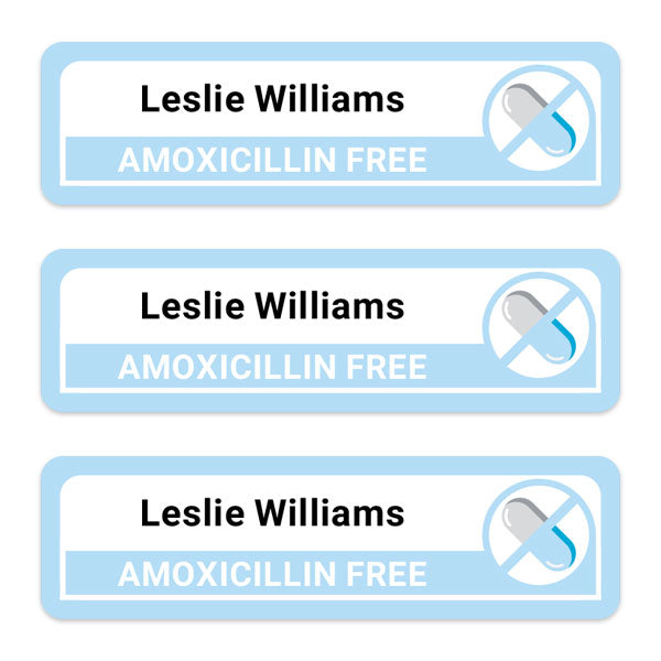 Care Home - Medium Personalised Stick On Waterproof (Equipment) Allergy Name Labels - Amoxicillin - Pack of 36