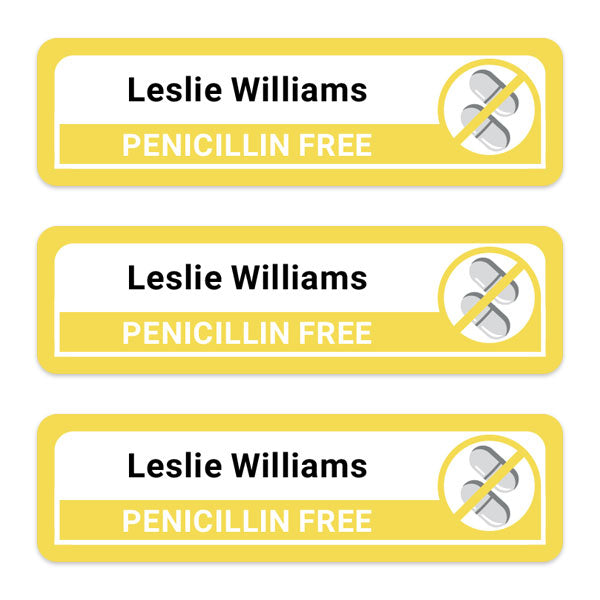 Care Home - Medium Personalised Stick On Waterproof (Equipment) Allergy Name Labels - Penicillin - Pack of 36