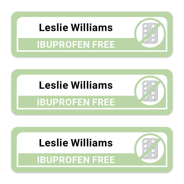 Care Home - Medium Personalised Stick On Waterproof (Equipment) Allergy Name Labels - Ibuprofen - Pack of 36
