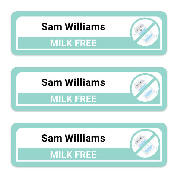 Medium Personalised Stick On Waterproof (Equipment) Allergy Name Labels - Milk - Pack of 36