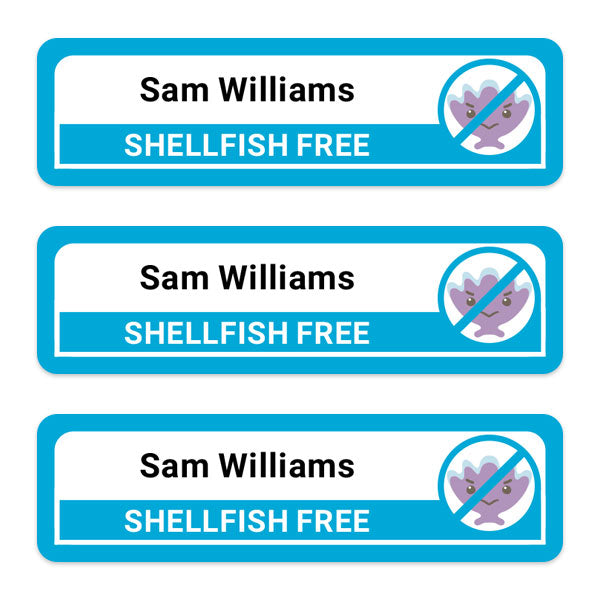 Medium Personalised Stick On Waterproof (Equipment) Allergy Name Labels - Shellfish - Pack of 36