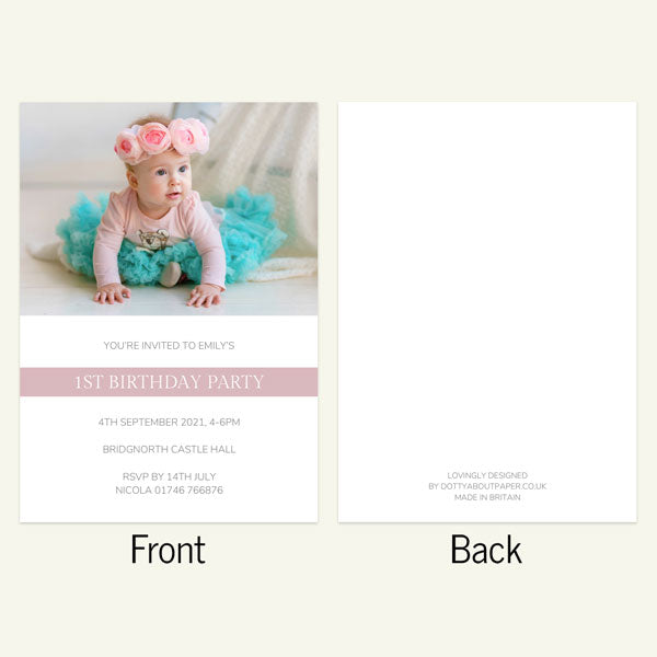 1st Birthday Invitations - Dusky Pink Photo Typography - Pack of 10