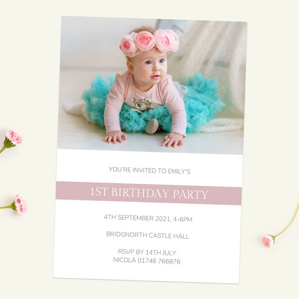 1st Birthday Invitations - Dusky Pink Photo Typography - Pack of 10