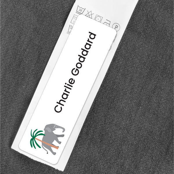 Medium Personalised Stick On Waterproof (Clothing/Equipment) Name Labels - Go Wild Elephant - Pack of 36