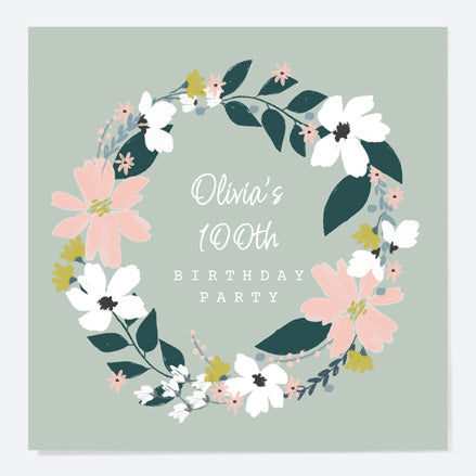 100th Birthday Invitations - Blush Modern Floral - Wreath - Pack of 10