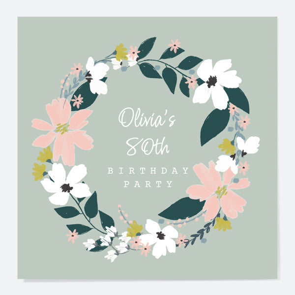 80th Birthday Invitations - Blush Modern Floral - Wreath - Pack of 10