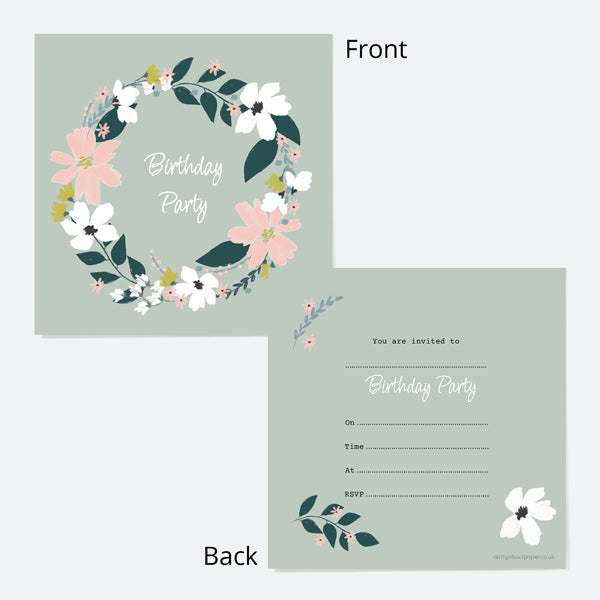 Ready To Write Birthday Invitations - Blush Modern Floral - Wreath - Pack of 10