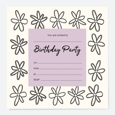 Kids Birthday Invitations - Sketch Style Flowers - Pack of 10