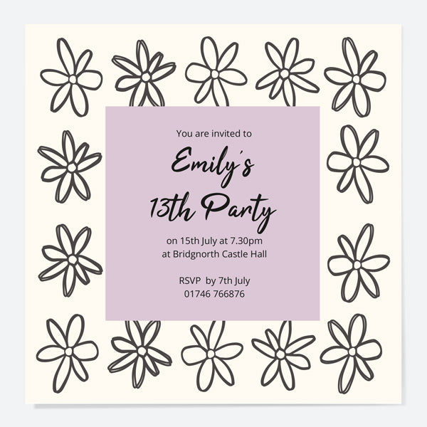 Kids Birthday Invitations - Sketch Style Flowers - Pack of 10