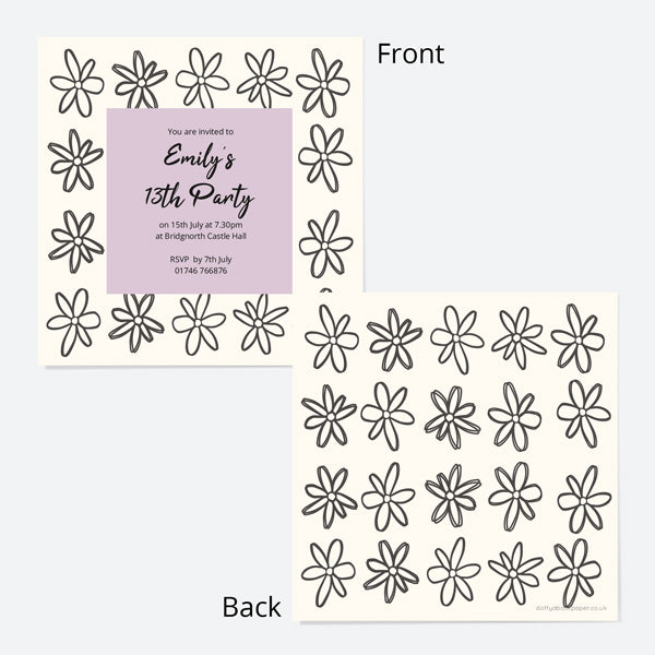 Kids Birthday Invitations - Sketch Style Flowers - Pack of 10