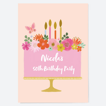 50th Birthday Invitations - Beautiful Blooms Cake - Pack of 10