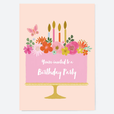 Ready To Write Birthday Invitations - Beautiful Blooms Cake - Pack of 10