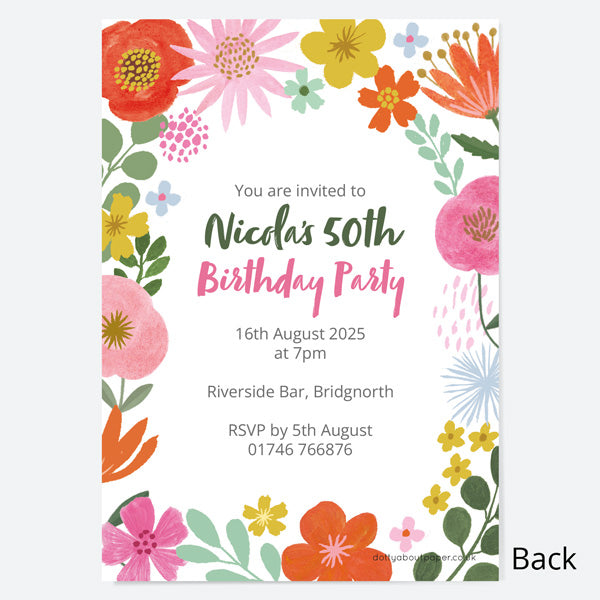 50th Birthday Invitations - Beautiful Blooms Cake - Pack of 10