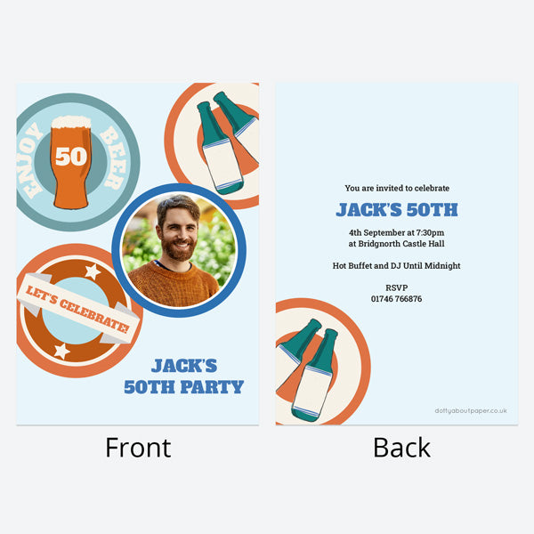 50th Birthday Invitations - Beer Mat Photo - Pack of 10