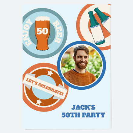 50th Birthday Invitations - Beer Mat Photo - Pack of 10