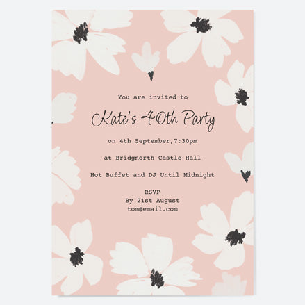 40th Birthday Invitations - Blush Modern Floral - Border - Pack of 10
