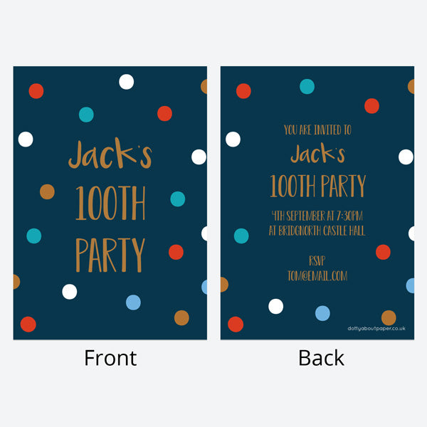 100th Birthday Invitations - Navy Spots - Pack of 10