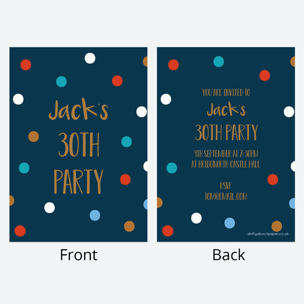 30th Birthday Invitations - Navy Spots - Pack of 10