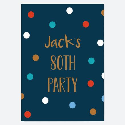 80th Birthday Invitations - Navy Spots - Pack of 10