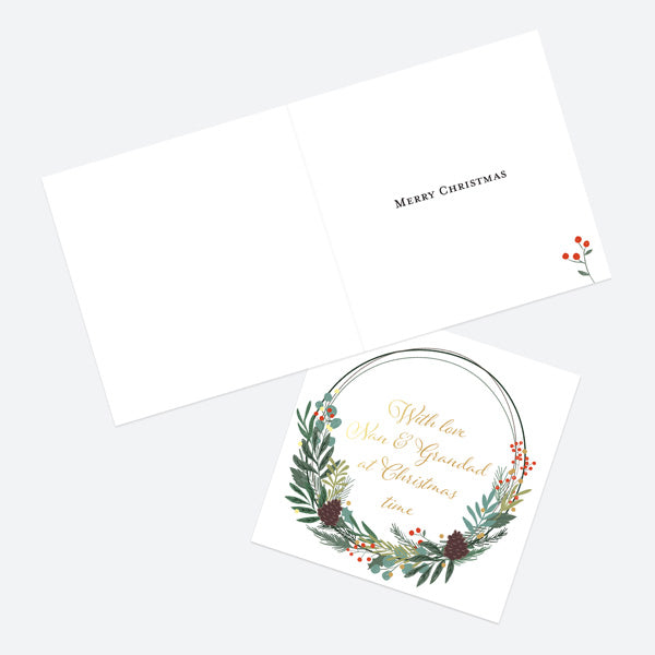 Luxury Foil Christmas Card - Festive Foliage - Wreath - Nan & Grandad