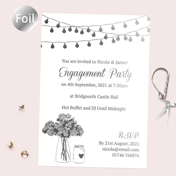 Foil Engagement Party Invitations - Festoon Lights & Flowers