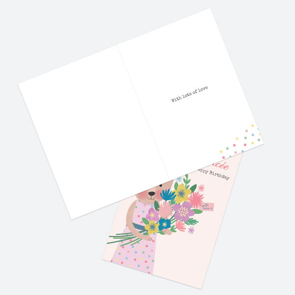Fiancée Birthday Card - Dotty Bear - Bouquet - Happy Birthday Fiancée