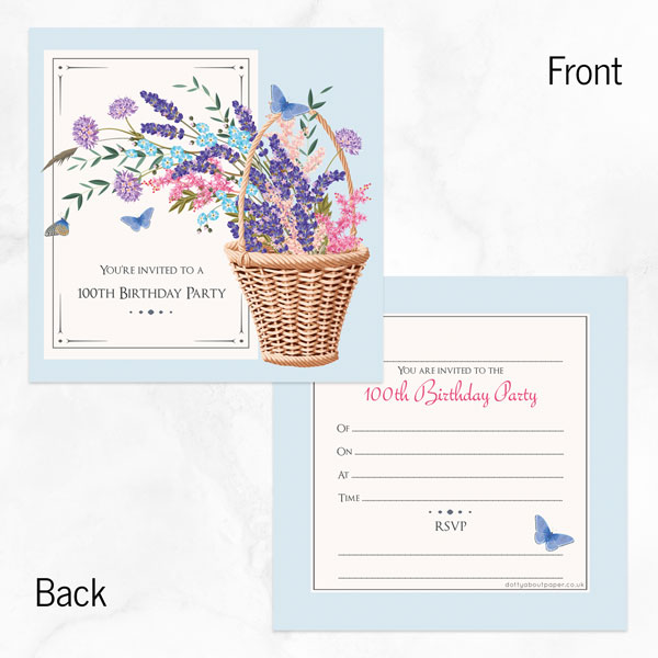 100th Birthday Invitations - Flower Basket - Pack of 10