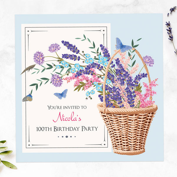 100th Birthday Invitations - Flower Basket - Pack of 10