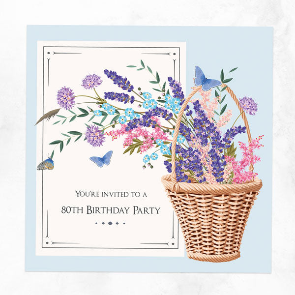 80th Birthday Invitations - Flower Basket - Pack of 10