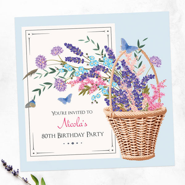 80th Birthday Invitations - Flower Basket - Pack of 10