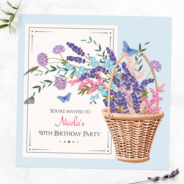 90th Birthday Invitations - Flower Basket - Pack of 10