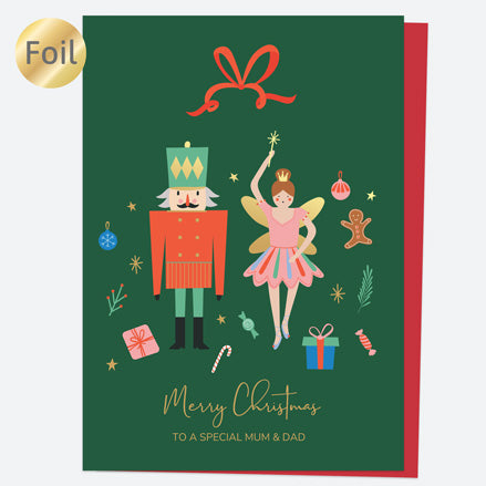 Luxury Foil Christmas Card - Nutcracker Ballet - Nutcracker & Fairy - Mum & Dad