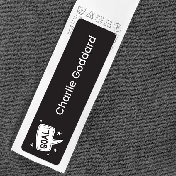 Medium Personalised Stick On Waterproof (Clothing/Equipment) Name Labels - Football Crazy Goal - Pack of 36