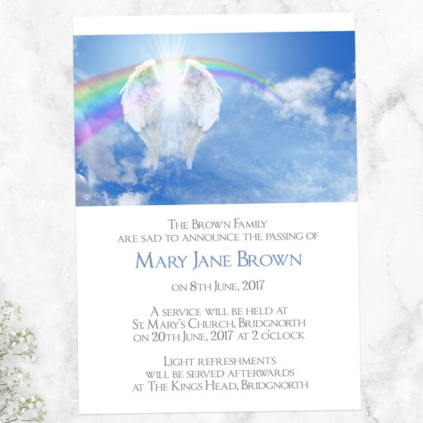 Funeral Invitations - Angelic Wings & Rainbow