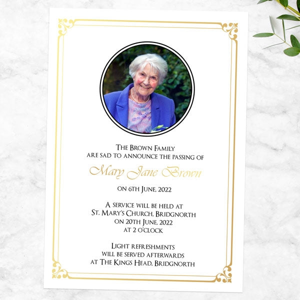 Foil Funeral Invitations - Gold Elegant Frame