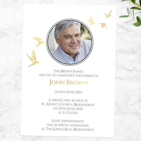 Foil Funeral Invitations - Gold Flying Birds Photo