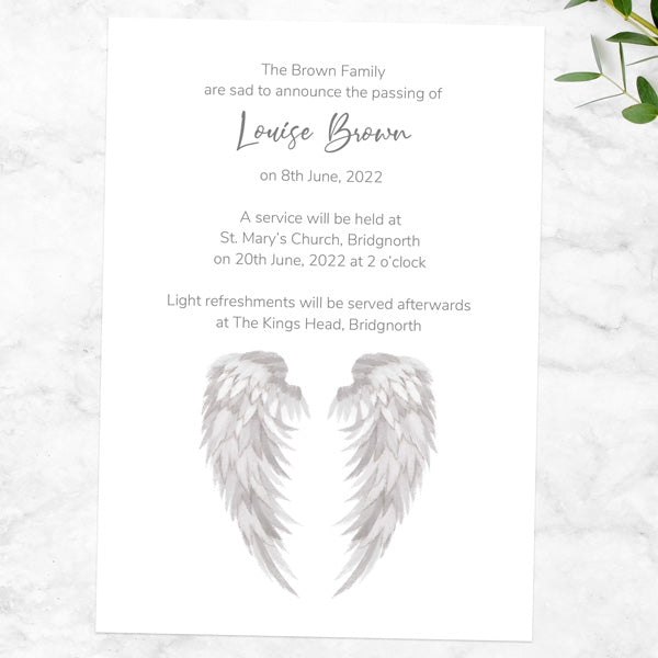 Funeral Invitations - Grey Angel Wings