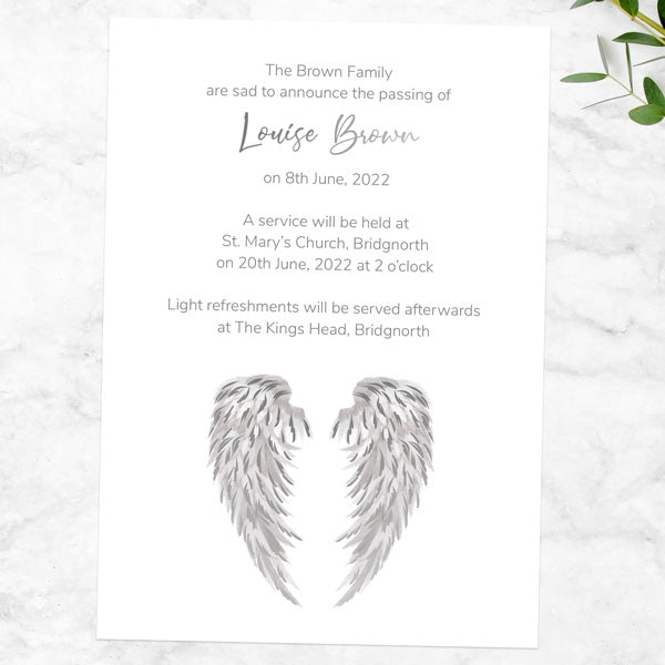 Foil Funeral Invitations - Silver Angel Wings
