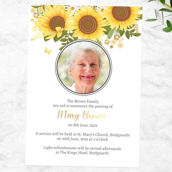 Foil Funeral Invitations - Sunflowers