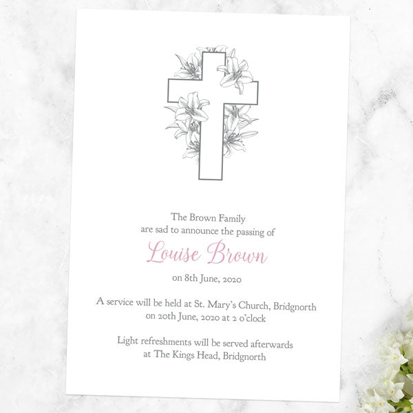 Funeral Invitations - White Lilies Cross
