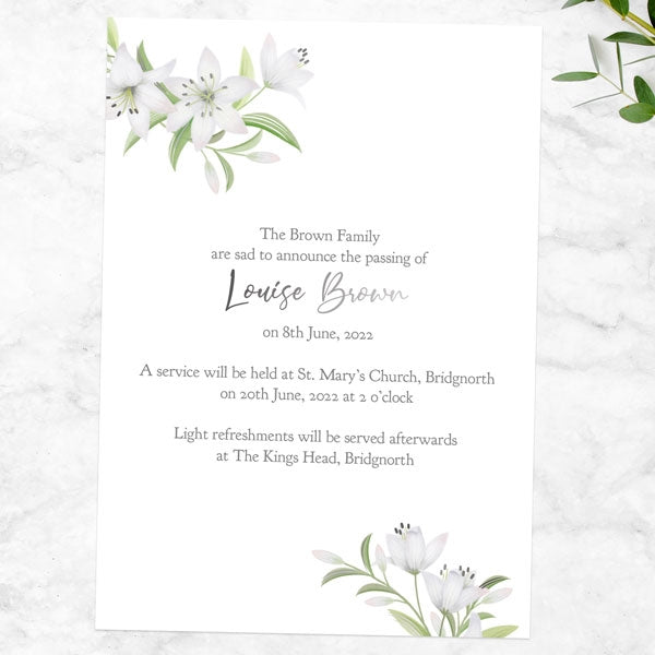 Foil Funeral Invitations - White Lilies Photo