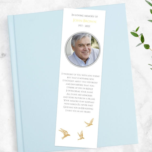 Foil Funeral Bookmark - Gold Flying Birds Photo