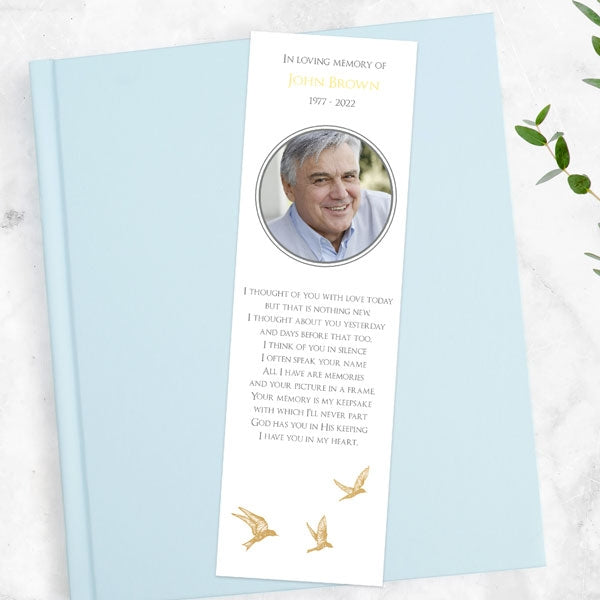 Foil Funeral Bookmark - Gold Flying Birds Photo