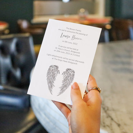 Foil Funeral Invitations - Silver Angel Wings