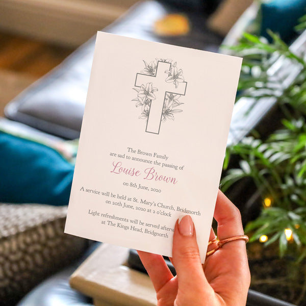 Funeral Invitations - White Lilies Cross