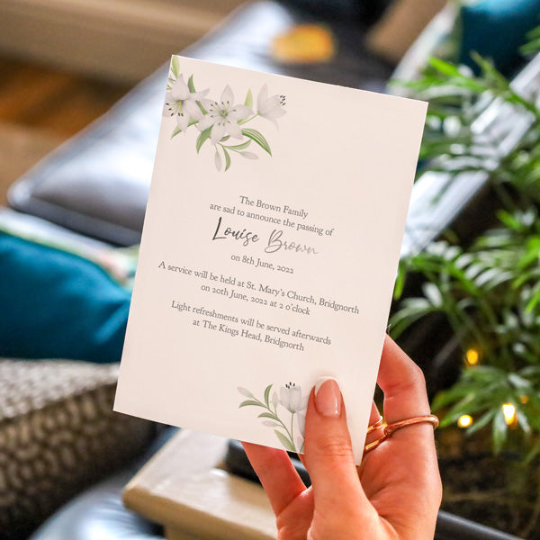 Foil Funeral Invitations - White Lilies Photo