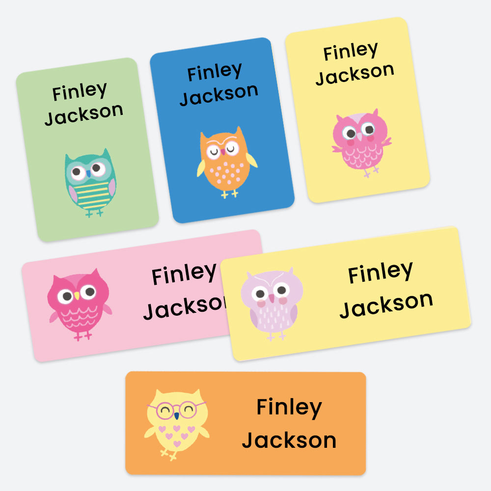 Mixed Pack Personalised Stick On Waterproof Name Labels - Funky Owls - Pack of 43