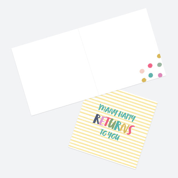 General Birthday Card - Bright Pastels - Stripe - Many Happy Returns